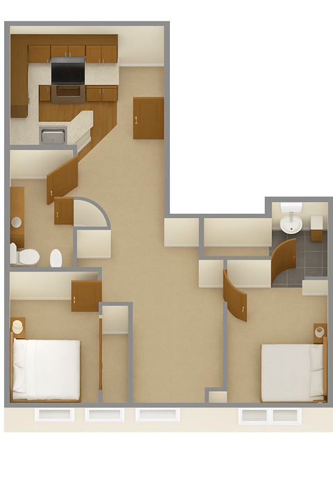 Floor plan for 2 beds, 2 baths, 950 sqft